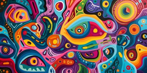An abstract colored artwork of colorful shapes is presented, styled as absurd doodles with organic flowing forms.
