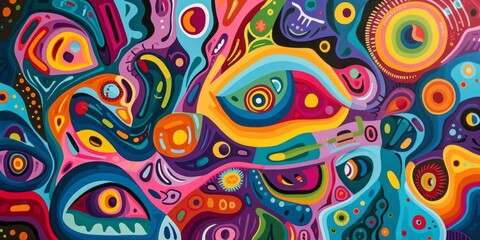 Fototapeta premium An abstract colored artwork of colorful shapes is presented, styled as absurd doodles with organic flowing forms.