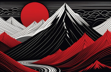 The mountain landscape with the sun is made with Japanese-style lines, black and red illustration on a white background