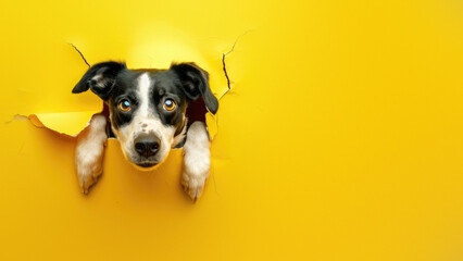 A curious black and white dog with expressive eyes peeking through a torn yellow paper background,...