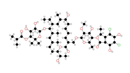 fidaxomicin molecule, structural chemical formula, ball-and-stick model, isolated image macrocyclic antibiotic - obrazy, fototapety, plakaty