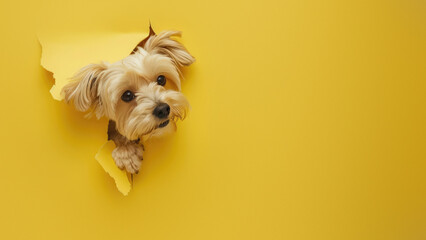 A Yorkshire Terrier gazes out curiously from a jagged tear in a bright yellow paper background