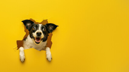 An excited black and white dog showing a playful expression through a torn yellow paper background