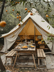 A table under an orange tree, in the style of geodesic structures, kitsch and camp charm - obrazy, fototapety, plakaty