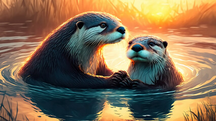 Zwei Otter die im Sonnenuntergang händchen halten - obrazy, fototapety, plakaty