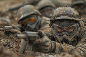 Fototapeta premium Group of Soldiers Wearing Helmets and Gas Masks