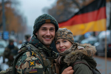 Fototapeta premium Military man and woman posing in front of Germany flag