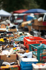 Assorted Household Items and Tools Displayed at a Local Yard Sale