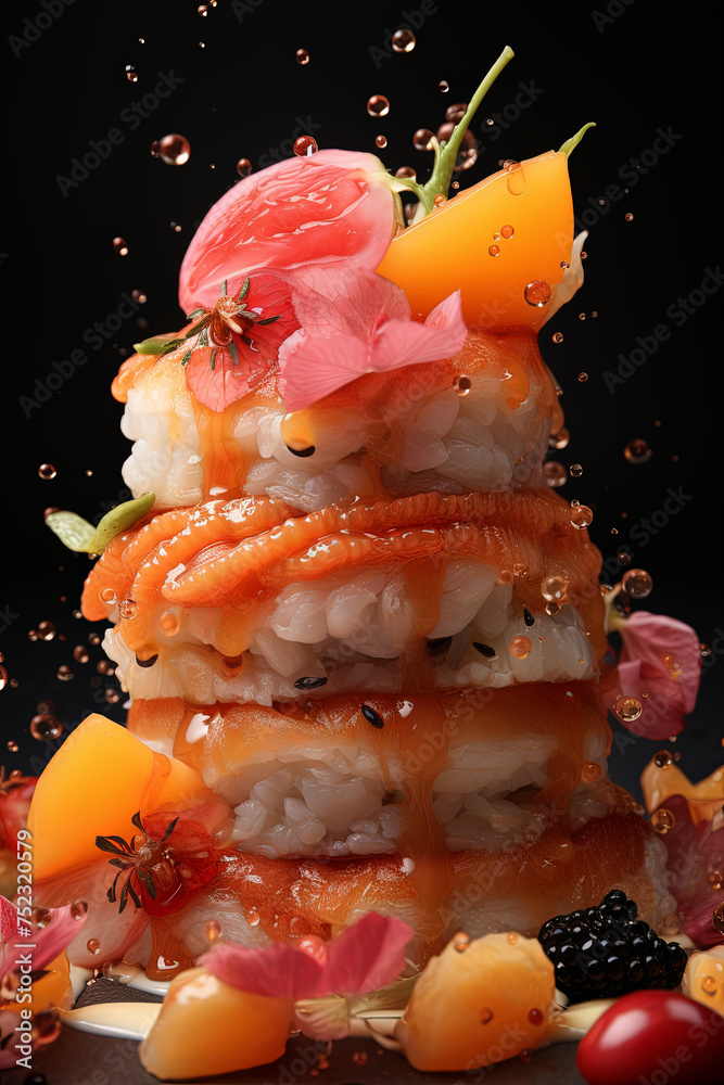 Poster a vibrant plate showcases an array of sushi pieces generously drizzled with savory sauce, promising 