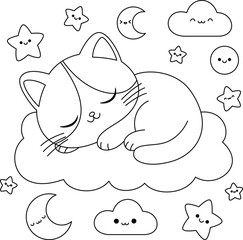 The cute cat is sleeping on the cloud coloring page