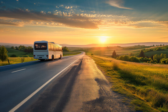 Sunset Journey: Bus Travelling Along a Rural Road at Dusk