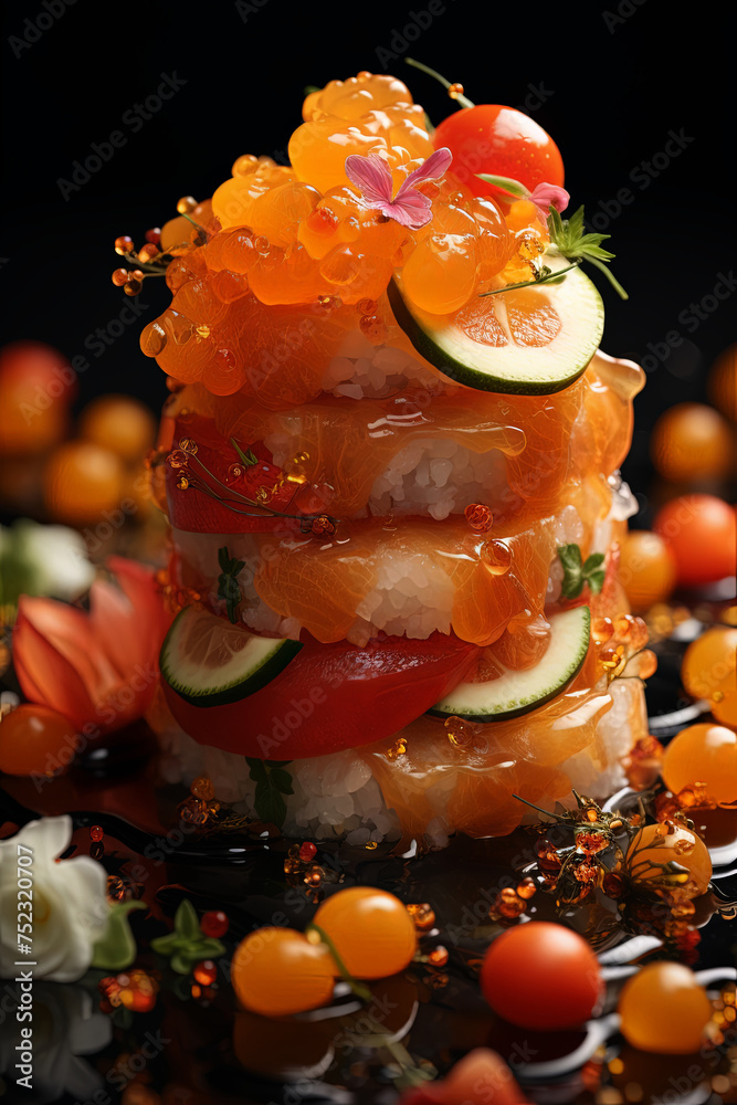 Poster A mesmerizing stack of sushi pieces, each delicately balanced on top of the other, creating a visually stunning tower of Japanese cuisine