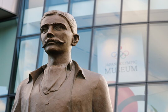 TOKYO, JAPAN - January 29, 2020: The top of a statue of Modern Olympics-founder Pierre de Coubertin outside the Japan Olympic Museum. 