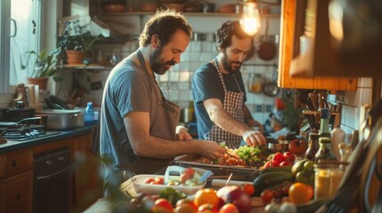 A man and his partner cooking a healthy meal together in the kitchen, highlighting the role of nutrition and partnership in navigating through andropause