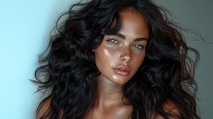 A close-up of a woman with a constellation of freckles scattered across her face, highlighting her natural beauty