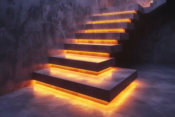 Floating steps with LED strip lights underneath each stair .
