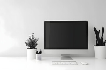a minimalist office desk setup with a modern computer, on a soft grey background, symbolizing simplicity and productivity, space for copy - obrazy, fototapety, plakaty
