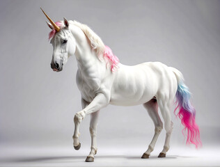 Obraz na płótnie Canvas Simple Elegance: White Unicorn with Pink Mane Shines on Gray Background