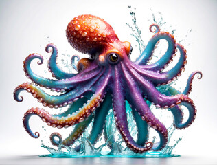 Cephalopod Spectacle, A Colorful Octopus Unveils its Beauty in a Splash of Water