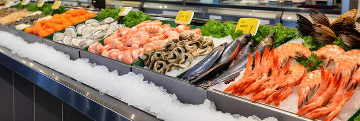 Vibrant Display of Fresh CJ Seafood Products in an Open-Top Display Fridge