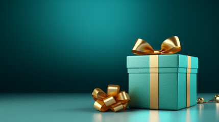 Blue Gift Box or Present Box with golden ribbon bow with bokeh lights.