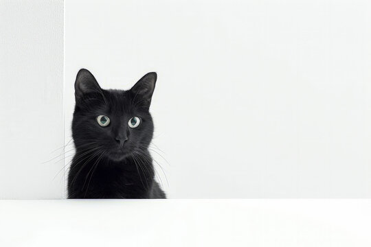 A sleek black cat with piercing yellow eyes looks directly at the camera, with an intense and curious expression on its face