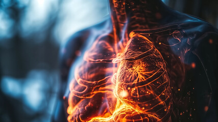 3D rendered visualization of the human respiratory system with highlighted bronchi and lung details.
 - obrazy, fototapety, plakaty