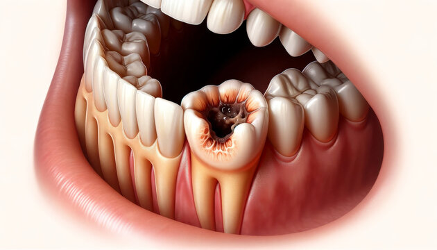 A detailed close-up capturing severe tooth decay in a persons mouth, showcasing rotting teeth and gum disease