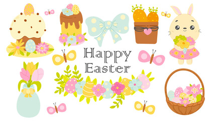 Cute Easter set. Spring collection of cute bunny, Easter eggs, flowers and Easter cakes. For poster, card, scrapbooking , stickers