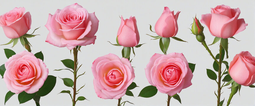 Blooming stages of rose flower on white background