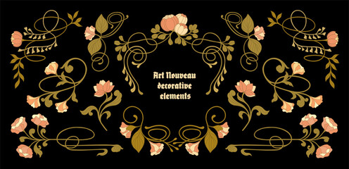 Art Nouveau floral frames, corners, and borders. Vector.