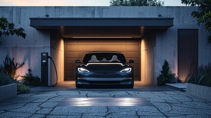 Electric car charging in a minimalist designed garage - obrazy, fototapety, plakaty