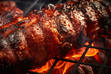 Barbecue Pork Ribs Sizzling on Grill with Flames and Smoke, Juicy and Glazed. - obrazy, fototapety, plakaty