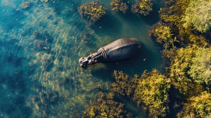 Hippopotamus in water aerial view, wild animal in nature