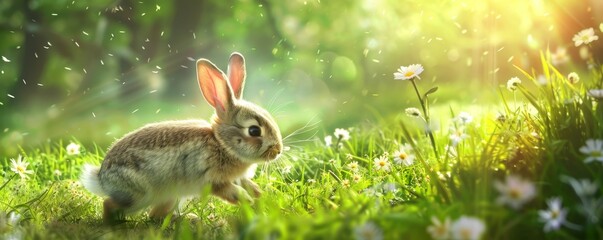 A Joyful Easter Bunny Hopping Gracefully Through a Lush Green Meadow Under the Bright Spring Sun