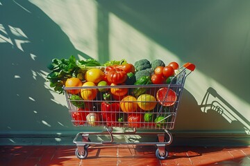 Sunlight casts shadows on a grocery cart brimming with fruits and vegetables, denoting natural and healthy food