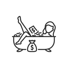Woman in the bathtub with money, linear icon, wealth wealthy wealth of money. Line with editable stroke