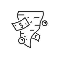 Money tornado, linear icon. Hurricane and money. Picks up and blows money. Line with editable stroke