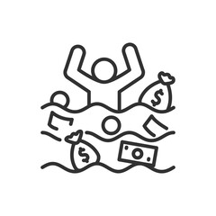 Person in sea of money, linear icon, wealth. Line with editable stroke