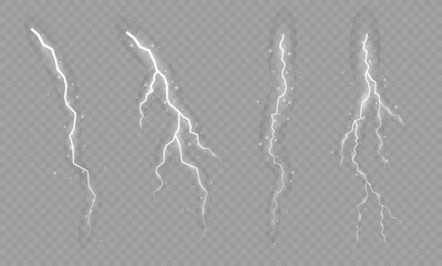 Lightning. Thunder storm realistic lightning. Bright light effects. Lightning bolt set Magic and bright light effects. Vector illustration