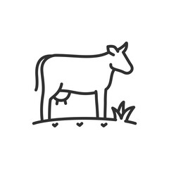 Cow in a field with grass, linear icon. Line with editable stroke