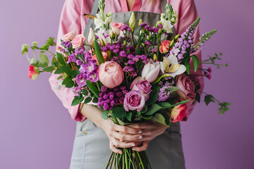 florist with a bouquet of flowers, isolated on a soft violet background, representing nature and craftsmanship 