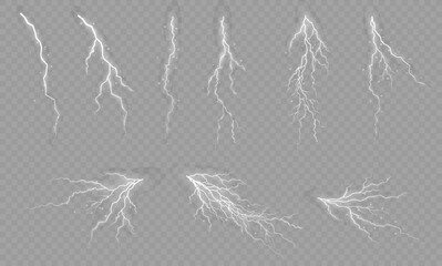 Lightning. Thunder storm realistic lightning. Bright light effects. Lightning bolt set Magic and bright light effects. Vector illustration