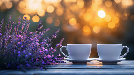 Two cups of cinnamon latte in a lavender garden.  Concept of the outdoor recreation banner, in the...