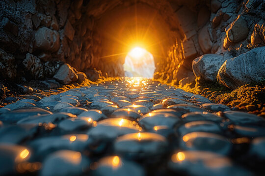 A bright light illuminates a dark, winding cave tunnel, providing hope and direction towards the exit.