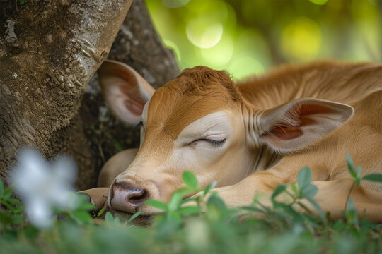 a cow sleeps under a tree