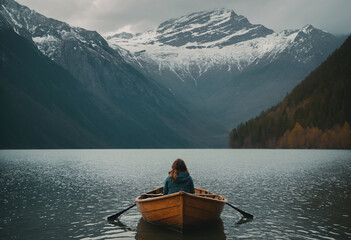 girl on lake with beautiful landscape