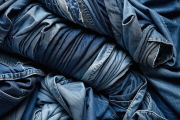 Stack of crumpled blue jeans arranged in a textured denim background, varying shades of indigo and patterns, captured from a top-down perspective, delicate shadows casting subtle depth