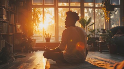 A man sitting quietly in a meditation pose at home, surrounded by soft lighting, showing the use of mindfulness and meditation to cope with mood swings during andropause - obrazy, fototapety, plakaty