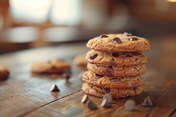 Warm-toned imagery showcasing a stacked arrangement of chocolate chip cookies on a wooden surface